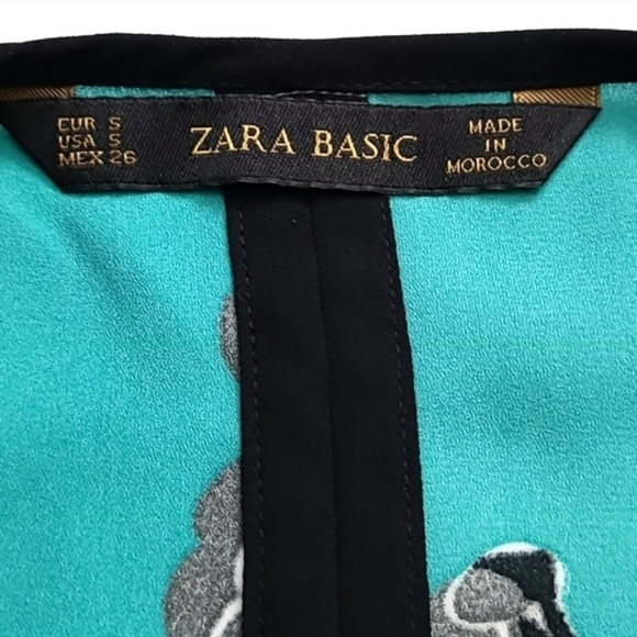 ZARA Basic Kimono Sleeves Large Floral Print Teal Blouse Top V Neckline Sz Small - Picture 5 of 9